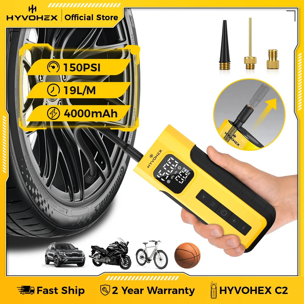 

New HYVOHEX C2 Portable Tire Inflator Pump 100% Duty Cycle Car Compressor 4000mAh LED Light Wireless Air Pump Motorcycles Balls