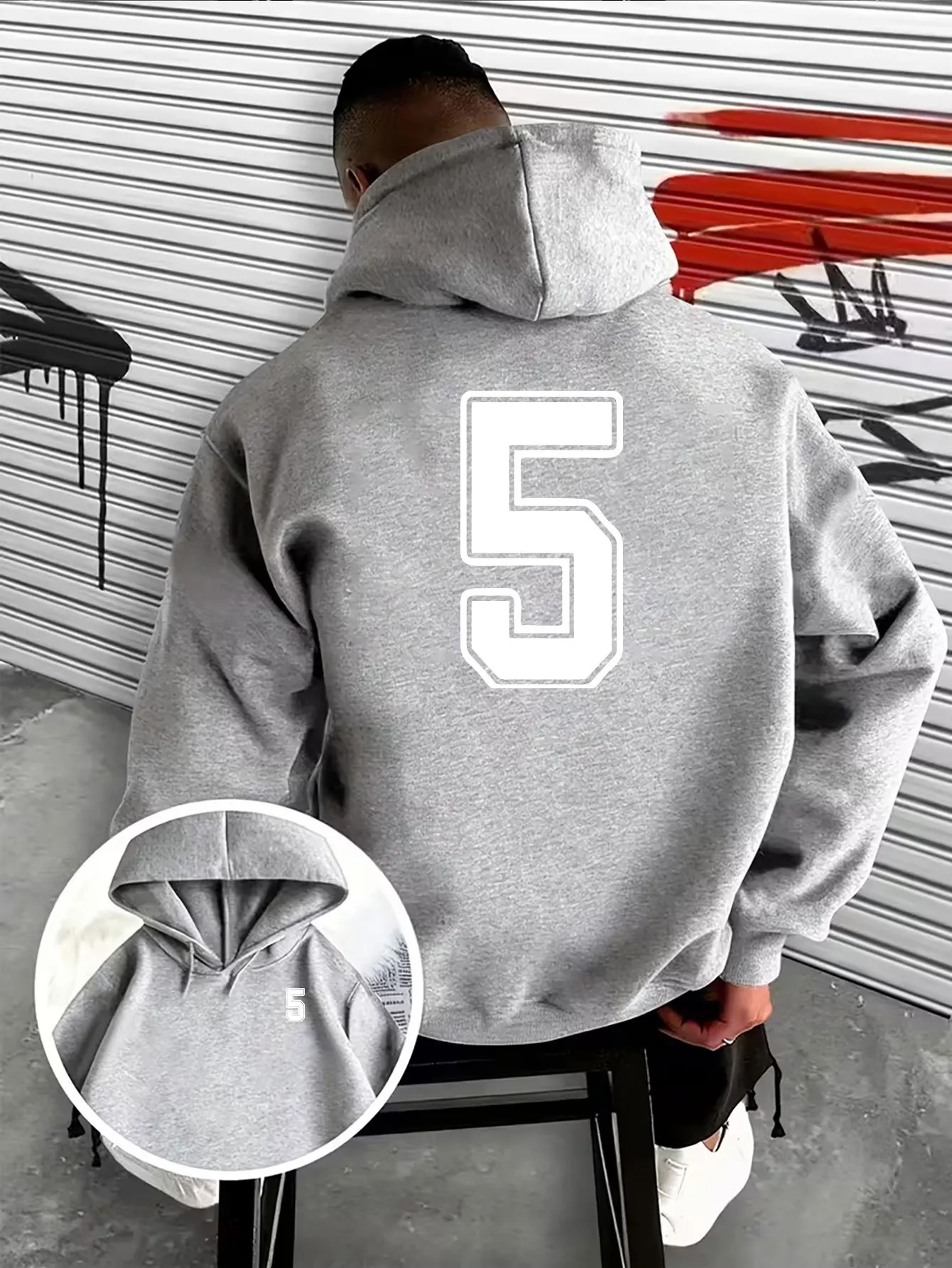 Minimalist Bold White Number 5 Versatile Men's Trendy Printed Hooded Sweatshirt, Double-Sided Creative Print Pattern on Front
