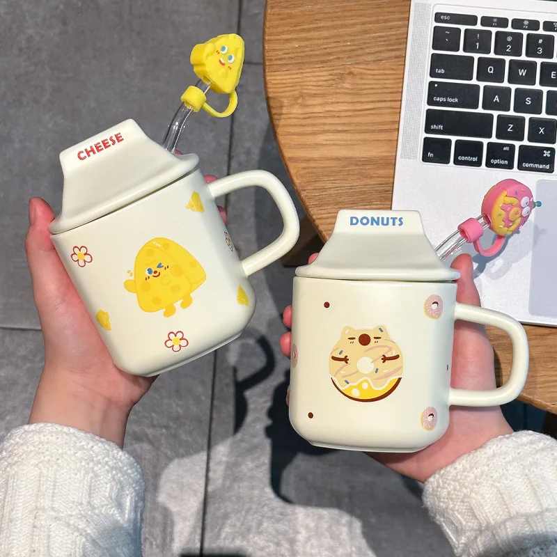 Milk fufu couple cup ceramic mug with lid male and female students high value milk coffee cup cute cartoon