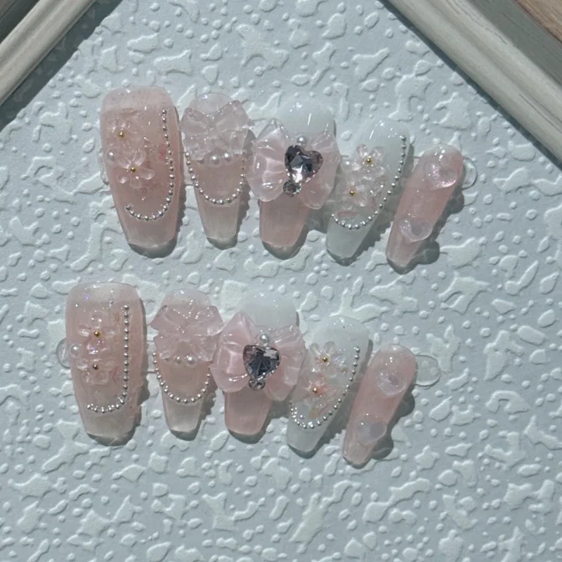 Uñas postizas decoradas con lazo 3d rosa, hechas a mano, con diseño de ataúd, juego completo de lujo con caja y herramientas