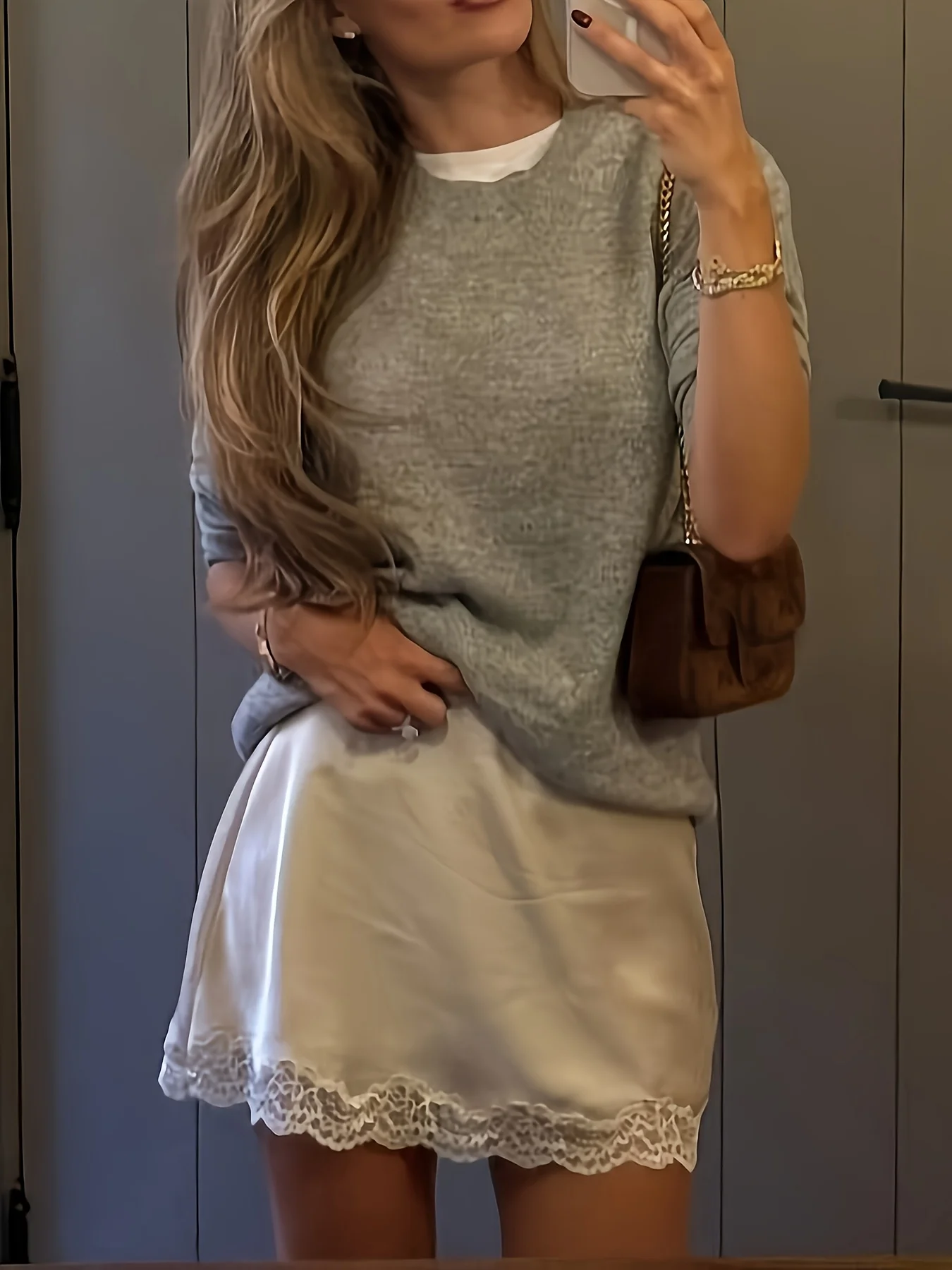 Summer new apricot short skirt for women pure lust lustrous lace splicing skirt