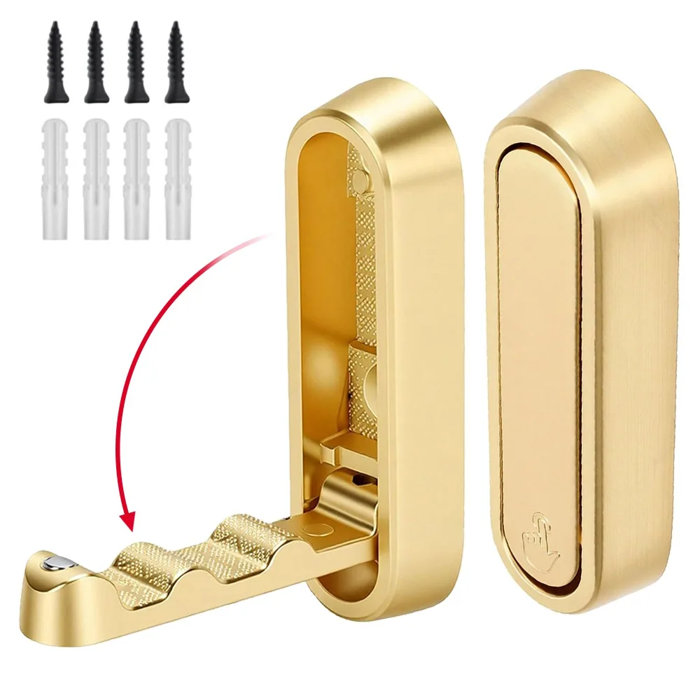 2pcs Folding Zinc Alloy Foldable Wall Hooks Wall Mounted Gold Concealed Alloy Hangers Space Saving Flip Down Hooks Keys