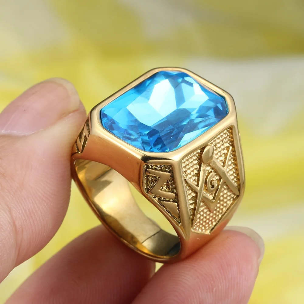 Punk Hip Hop Blue Green Black Red Stone Rings Men Fashion Retro Masonic Letter G Stainless Steel Ring Charm Jewelry Wholesale - Image 2