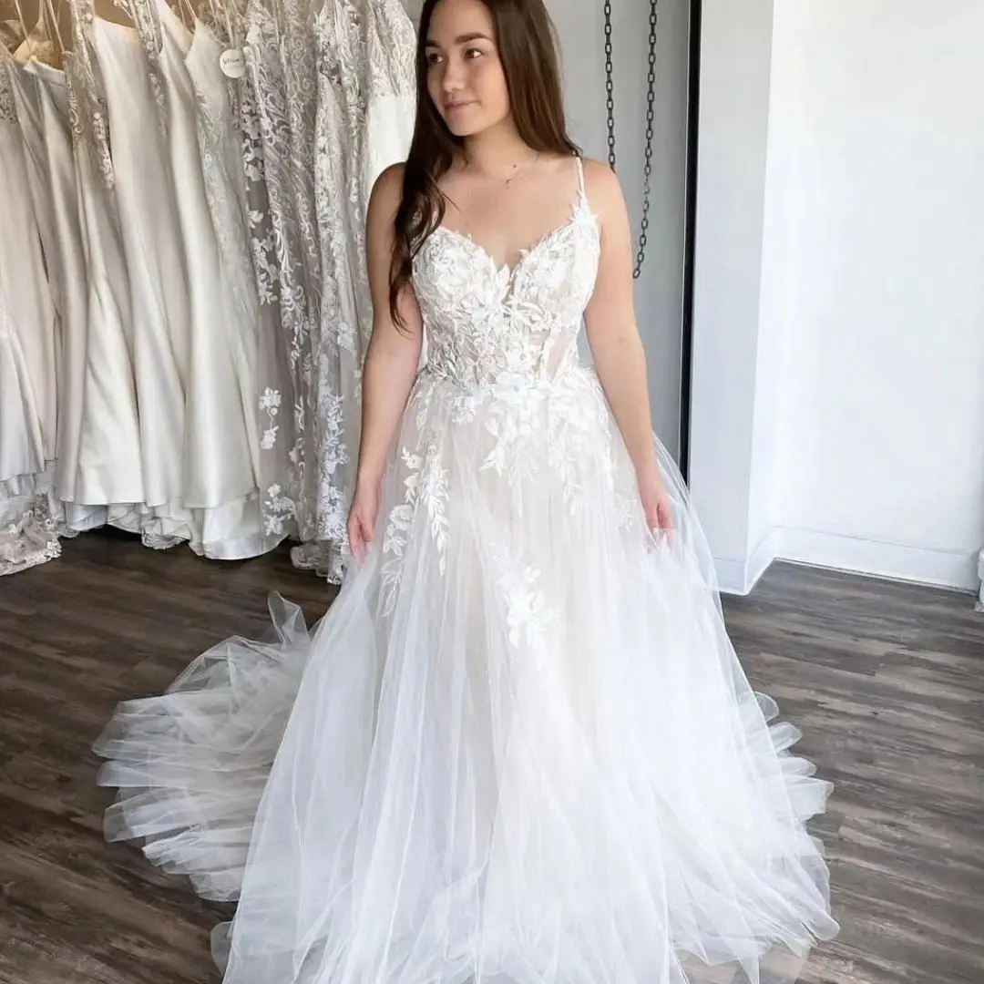 A-line Wedding Dress Spaghetti Strap Sweetheart Lace Appliques Tulle Zipper Back Gorgeous Bridal Gowns Customize To Measures