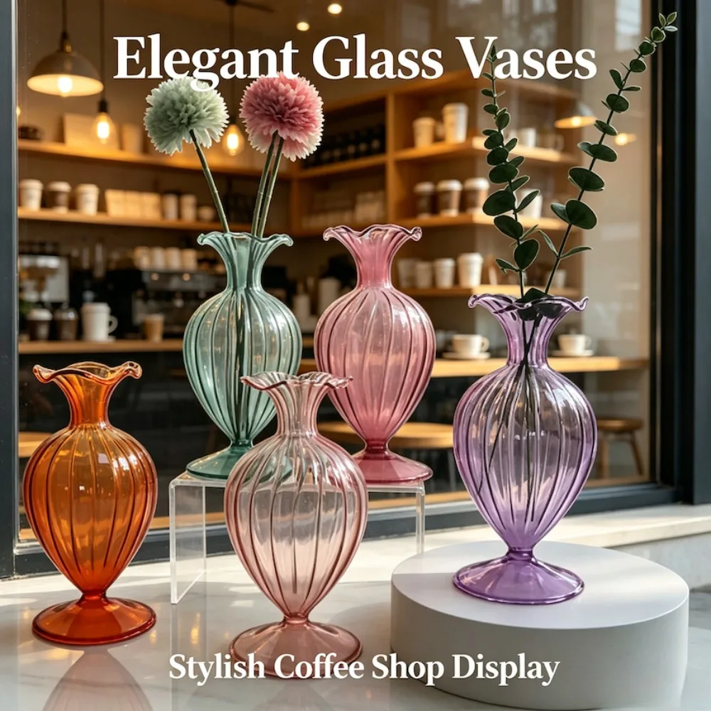 Simple Ribbed Colored Glass Flower Vase Desktop Hydroponic Plant Bottle for Wedding, Living Room & Office Decor