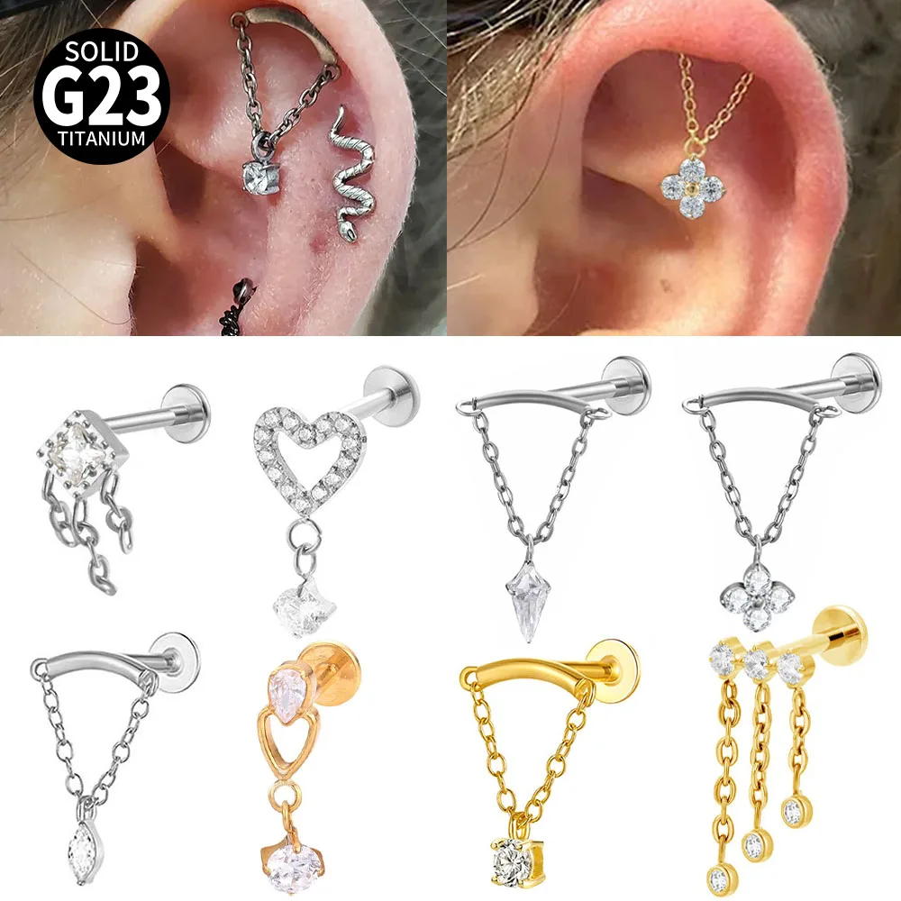 1/2PCS Solid Titanium Curved Bar Pendant Chain Dangle Cartilage Earrings Stud CZ Zircon Helix Labret Tragus Piercing Jewelry