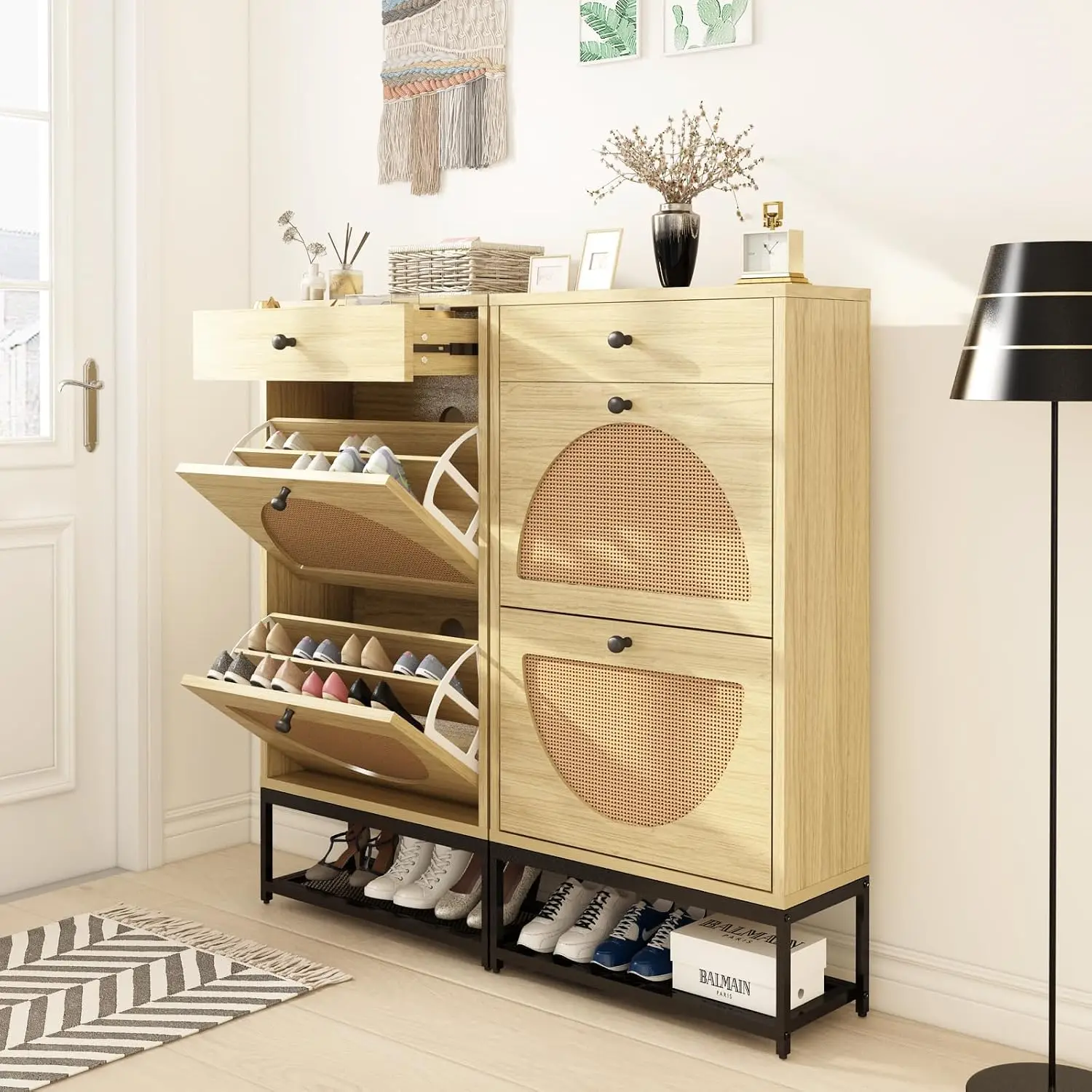 Shoe Cabinet 2 Pack With Flip & Pull Drawers, Slim Metal Frame Shoe Rack For Hallway Entrance Storage, Customized
