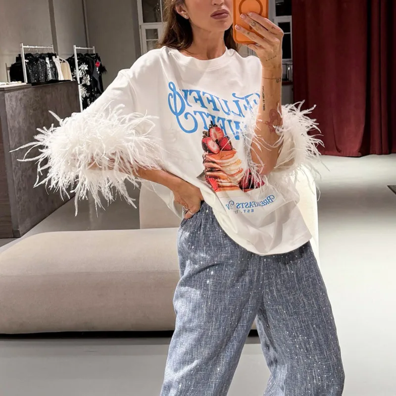 Women White Feather Sleeve T Shirt Cake Print Graphic Tee, Summer Loose Round Neck Casual, Top Fashion Streetwear Clothes Gift
