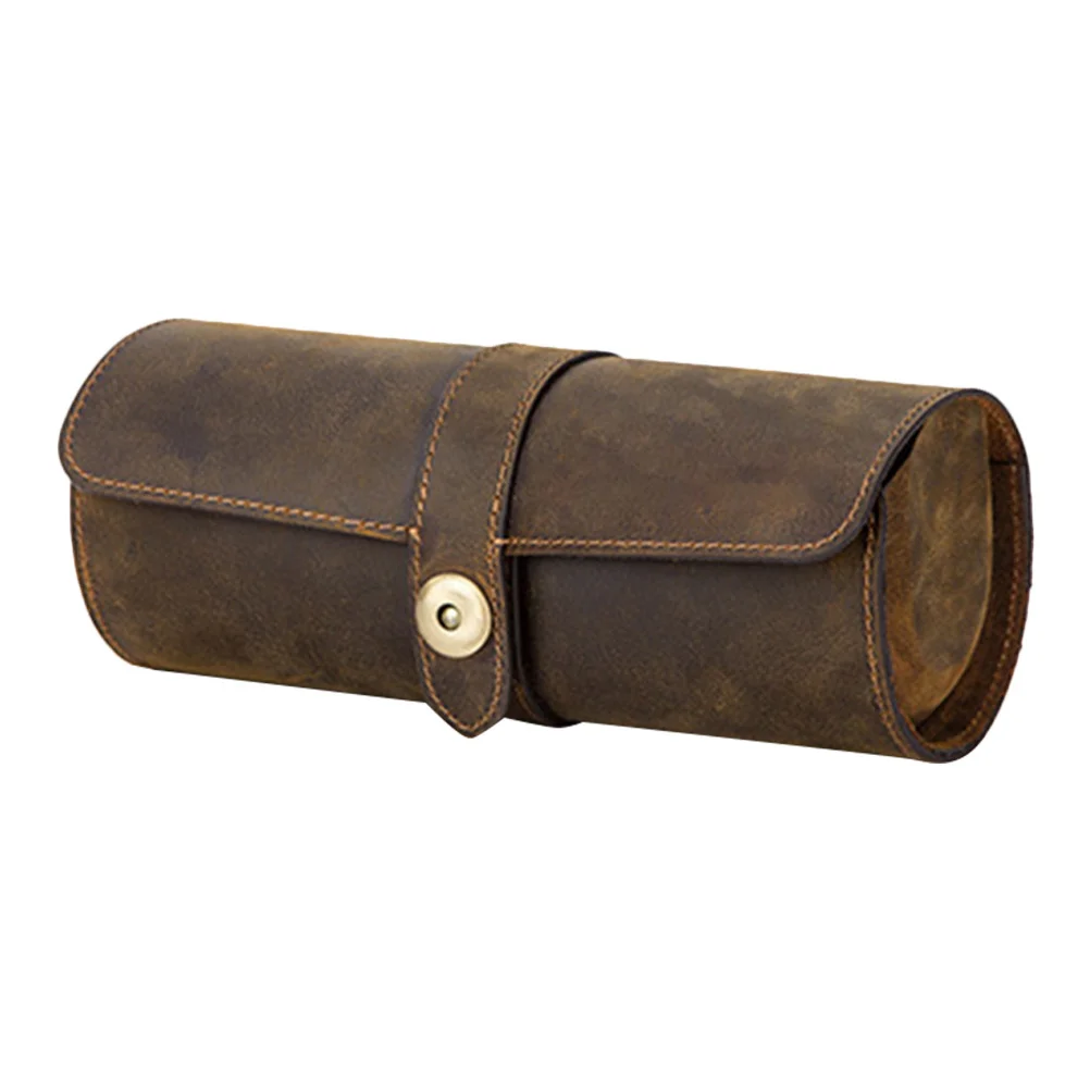 

2-Slot Portable Round Watch Box Vintage Cowhide Travel Organizer Storage Case for Watches Round Watch Box