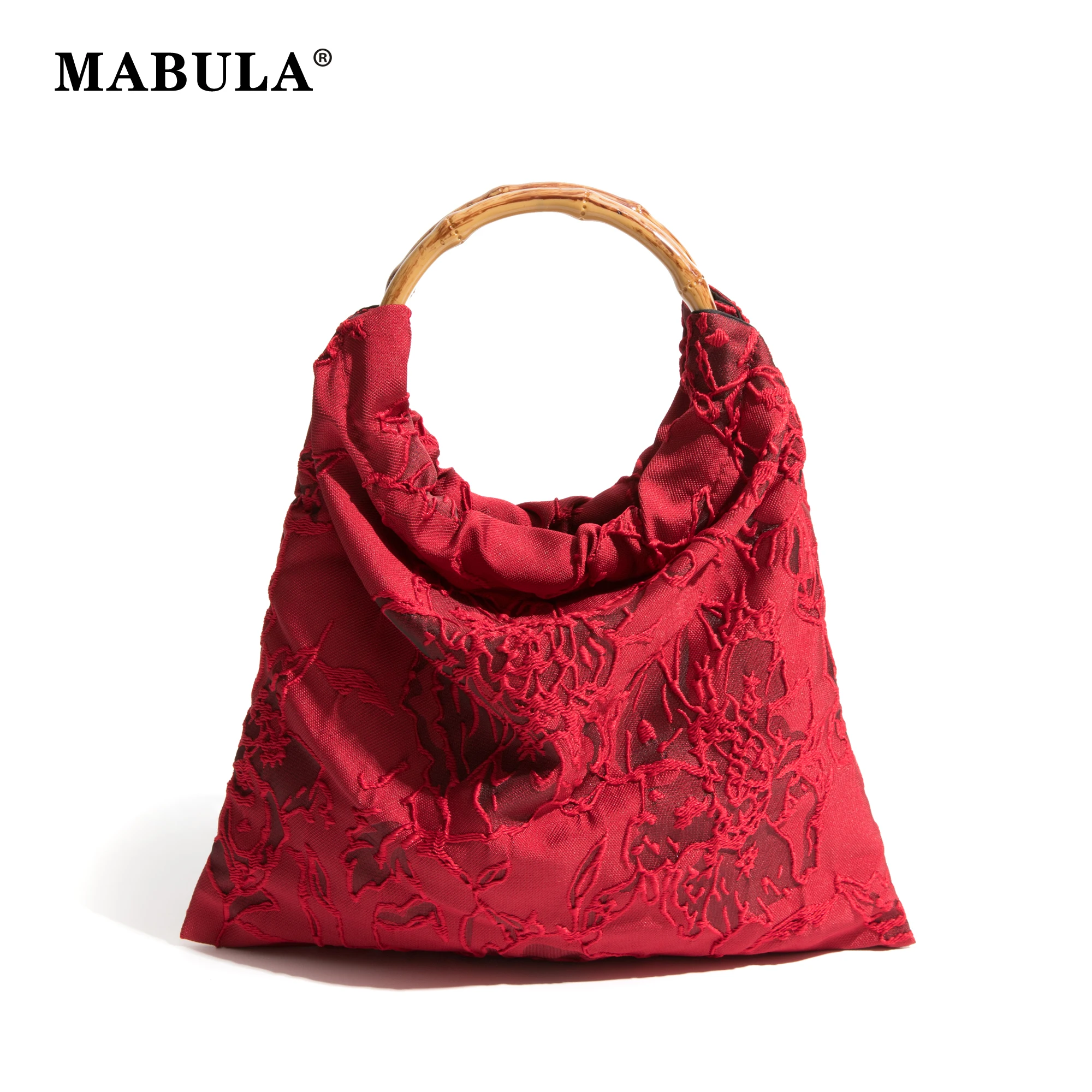 

MABULA Red Chinese Stylish Jacquard Girl Top Handle Purse Trend Embroidery Designer Brand Wrist Handbag for Shopper Unique Bag