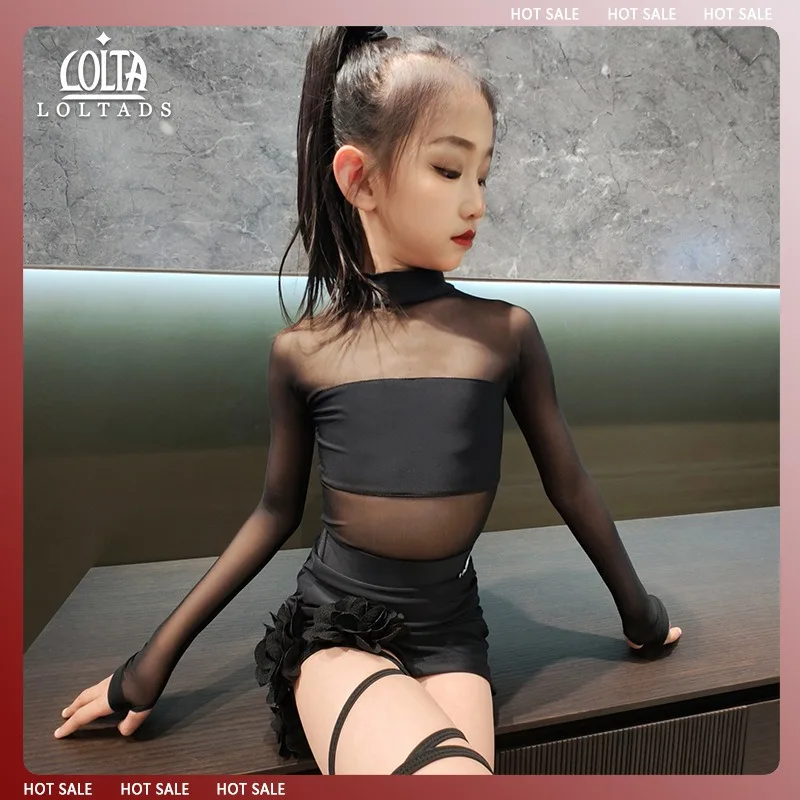 

Customized Latin Dance Suit Practice Dress Girls' Professional Competition Performance Dress Black Mesh Strap Set