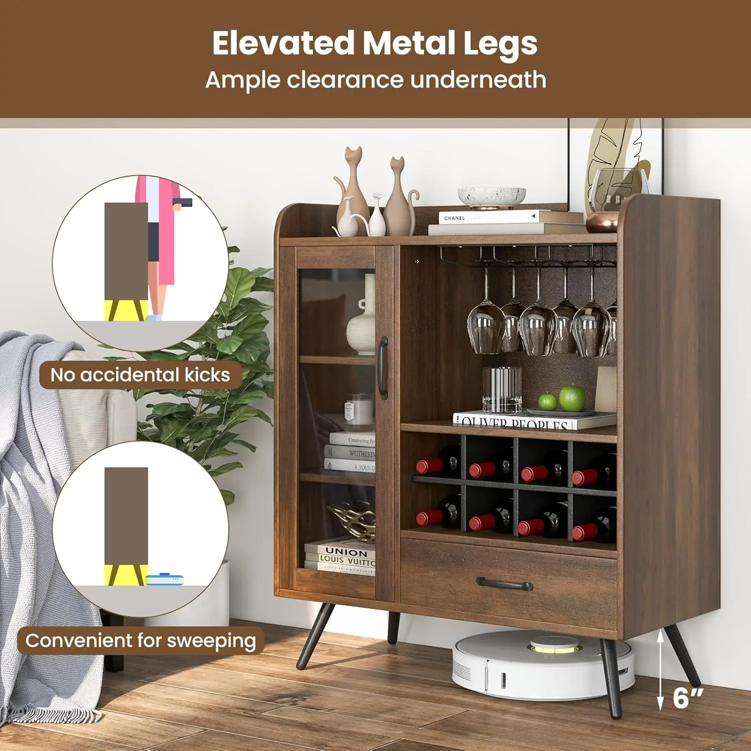 Rustic Brown Wine Cabinet with Glass Door, Removable Rack & Anti-Tip Kit for Kitchen or Living Room