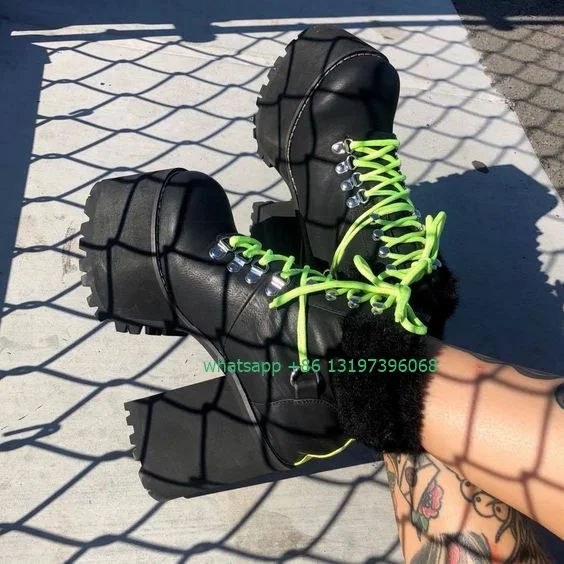 Lady punk style PU black design platform boots neon green color lace-up dress boots causal Y2K design chunky heel boots size 46