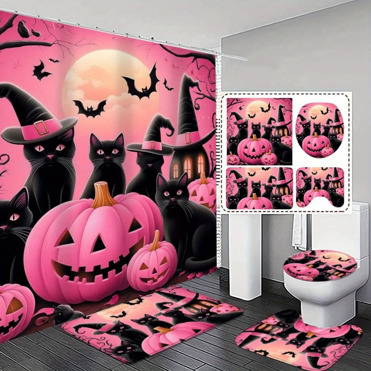 

4 шт., подарок на Хэллоуин, набор тканевых занавесок для ванной комнаты с нескользящим ковриком и чехлом для унитаза, розовые, черные кошки, тыквы, дизайн