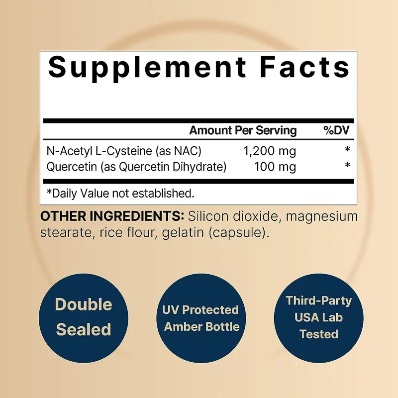 Suplemento de NAC de 1200mg, 60 cápsulas, n-acetilcisteína que contiene quercetina de doble fuerza, apoya la salud inmunológica, sanguínea y pulmonar