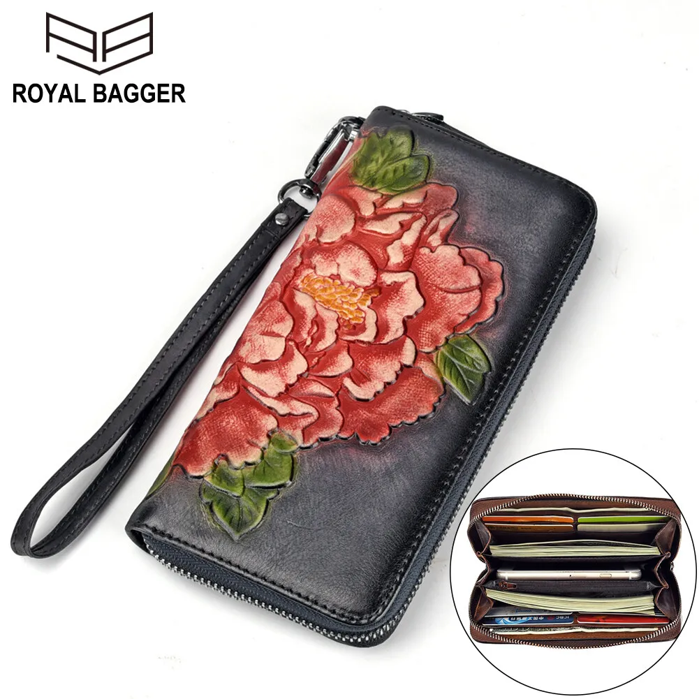 

Royal Bagger Vintage Long Wallets for Women Genuine Leather Card Holder Portable Wristlet Clutch Purse 2143