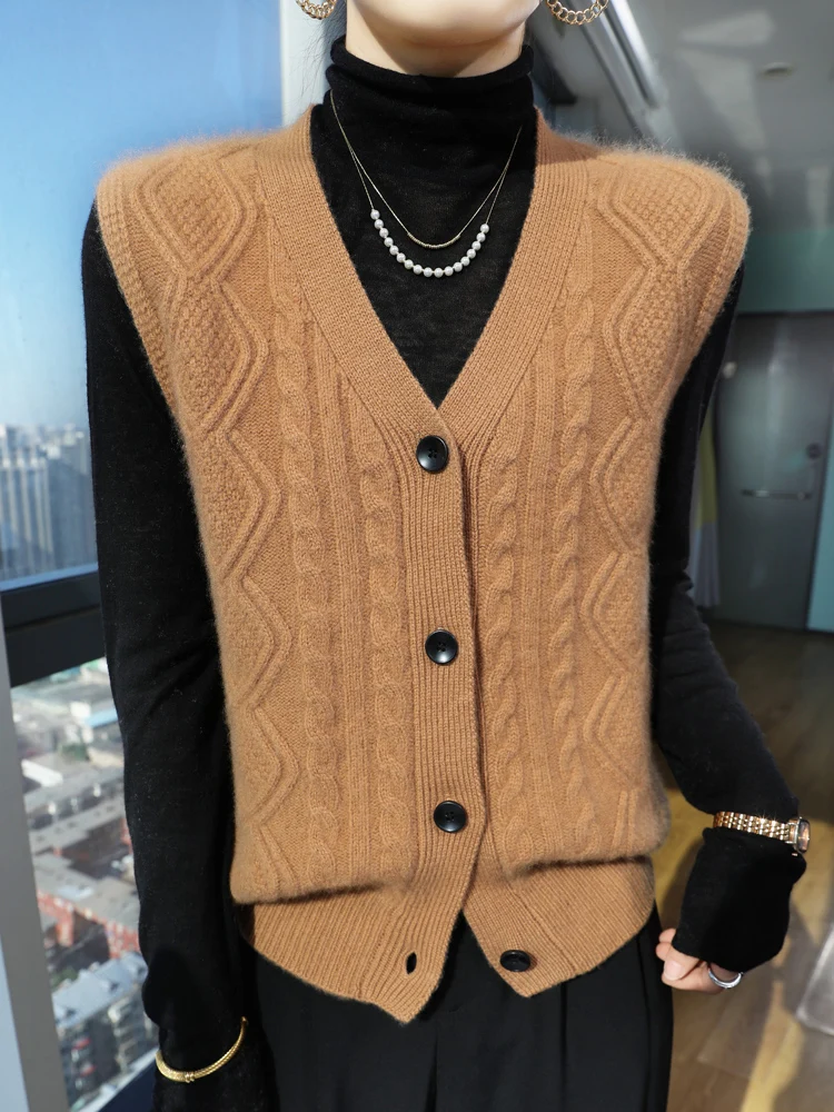 

Women 100% Merino Wool Button Cardigan Vest Cashmere Waistcoat Sweater For Autumn Casual V-Neck Sleeveless Knitwear Soft Tops