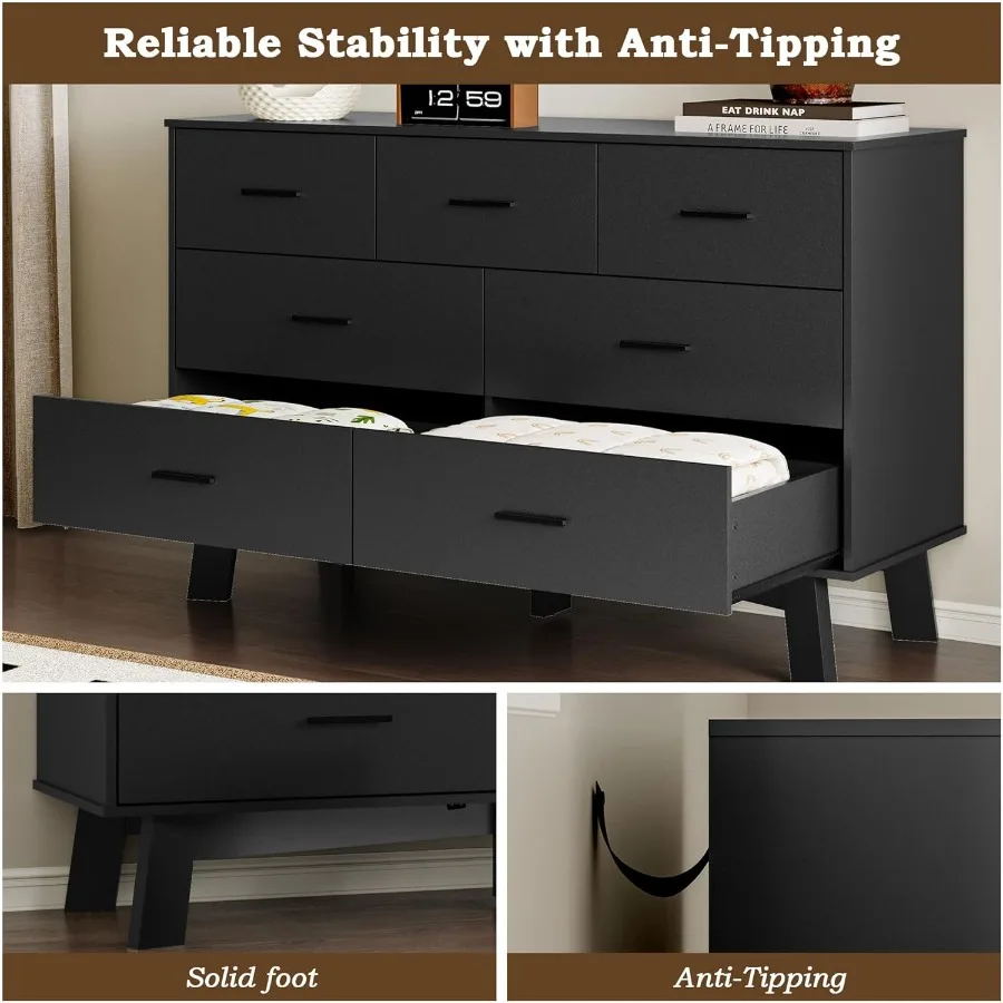 خزانة غرفة نوم حديثة ذات 7 أدراج مع تصميم قاعدة على شكل X بعرض 47.2، مقابض معدنية قابلة للتعديل في الساق المركزية، ميزة أمان مضادة للطرف #6