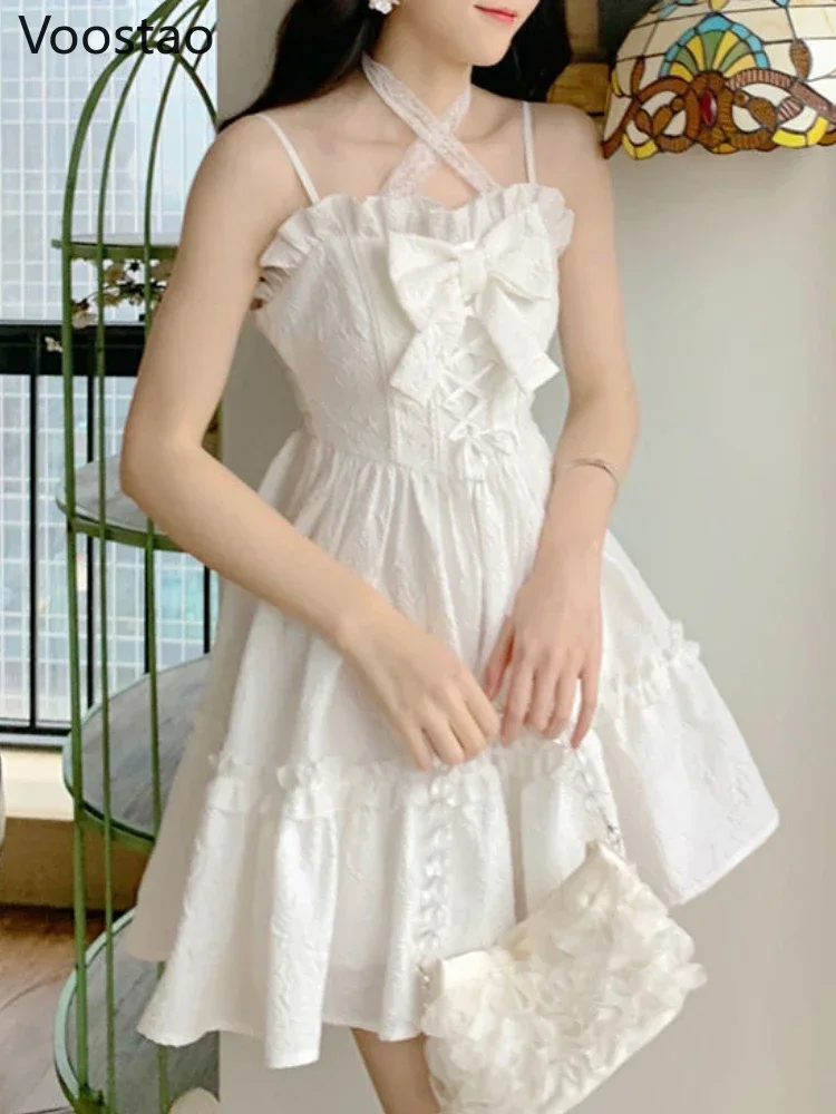 Robe Lolita Kawaii à bretelles blanches pour femmes, Mini robes, Dégradé sexy, Décontracté, Doux, Designer, Noeud, Chic, Mode coréenne, Été