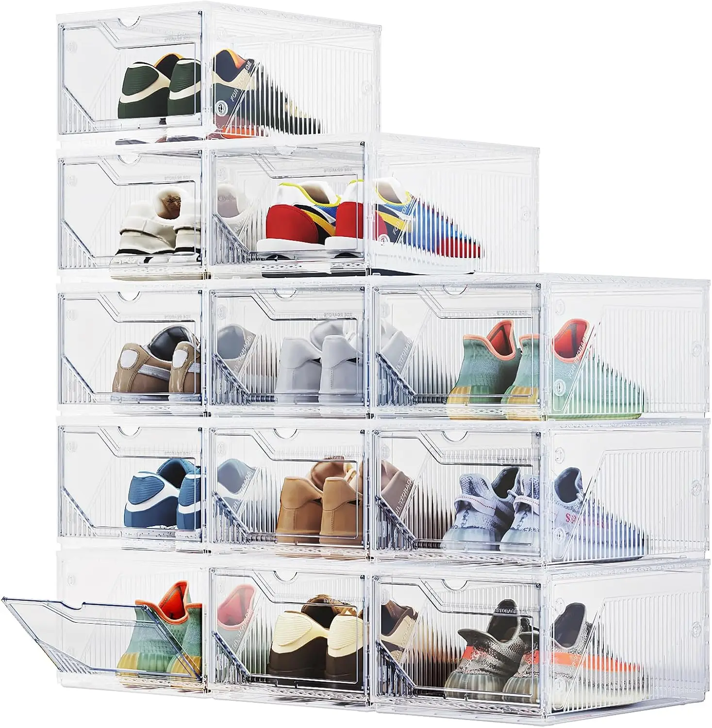 XX Large Shoe Sneaker Storage Boxes For Size Fourteen, Stackable And Thickened Clear Plastic Shoe Organizer Twelve Pack, Sneaker Display Case Container With Magnetic Door For Closet Entryway