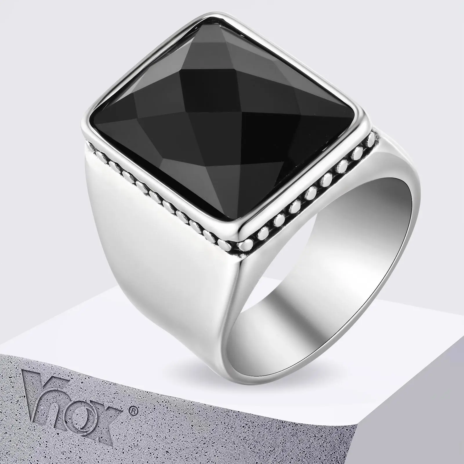 Vnox خاتم زجاجي متعدد الأوجه من الفولاذ المقاوم للصدأ لون فضي مقاس 7-12، خاتم سيجنت هندسي مقاوم للماء للرجال والأولاد، هدية مجوهرات بسيطة #2