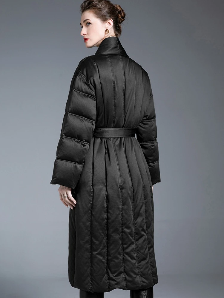Luxury High Quality 90 White Duck Down Long Trench Coat Belted Winter Warm Women's Coat Slim Down Jacket Quilted Trend Outerwear