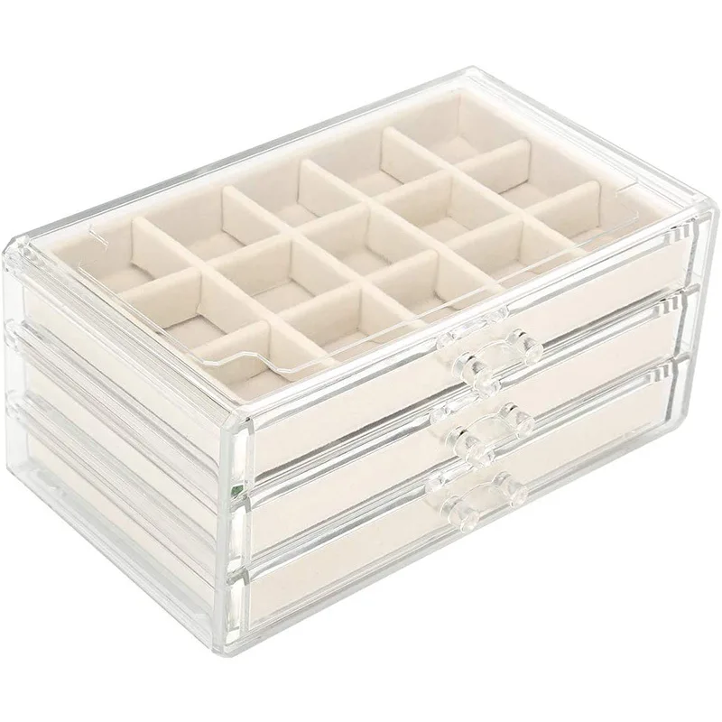 Acrylic Jewelry Storage Box Transparent Jewelry Box Adjustable 3 Drawers Velvet Tray 15 Grid Velvet Tray