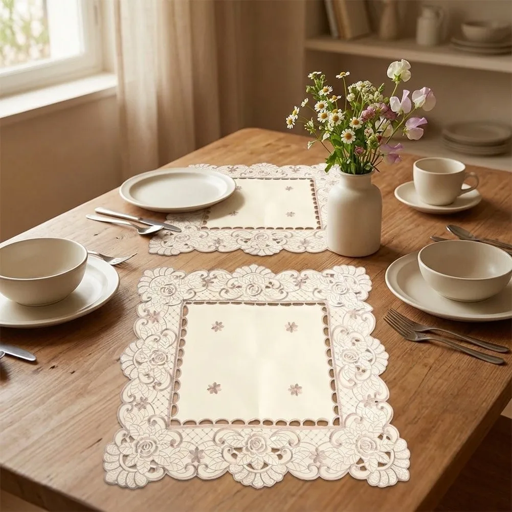 2 Pcs Square For Table Cover with Hollow Lace Trim and Embroidered Design Intended for Flexible For Table Decoration Use