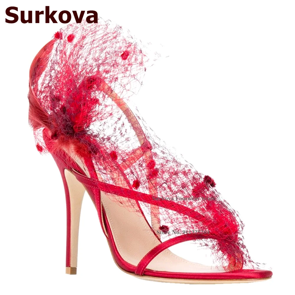 Surkova Red Black Mesh Feather High Heel Sandals Satin Cloth Strap Stiletto Floral Bride Shoes Network Open Toe Pumps Size42