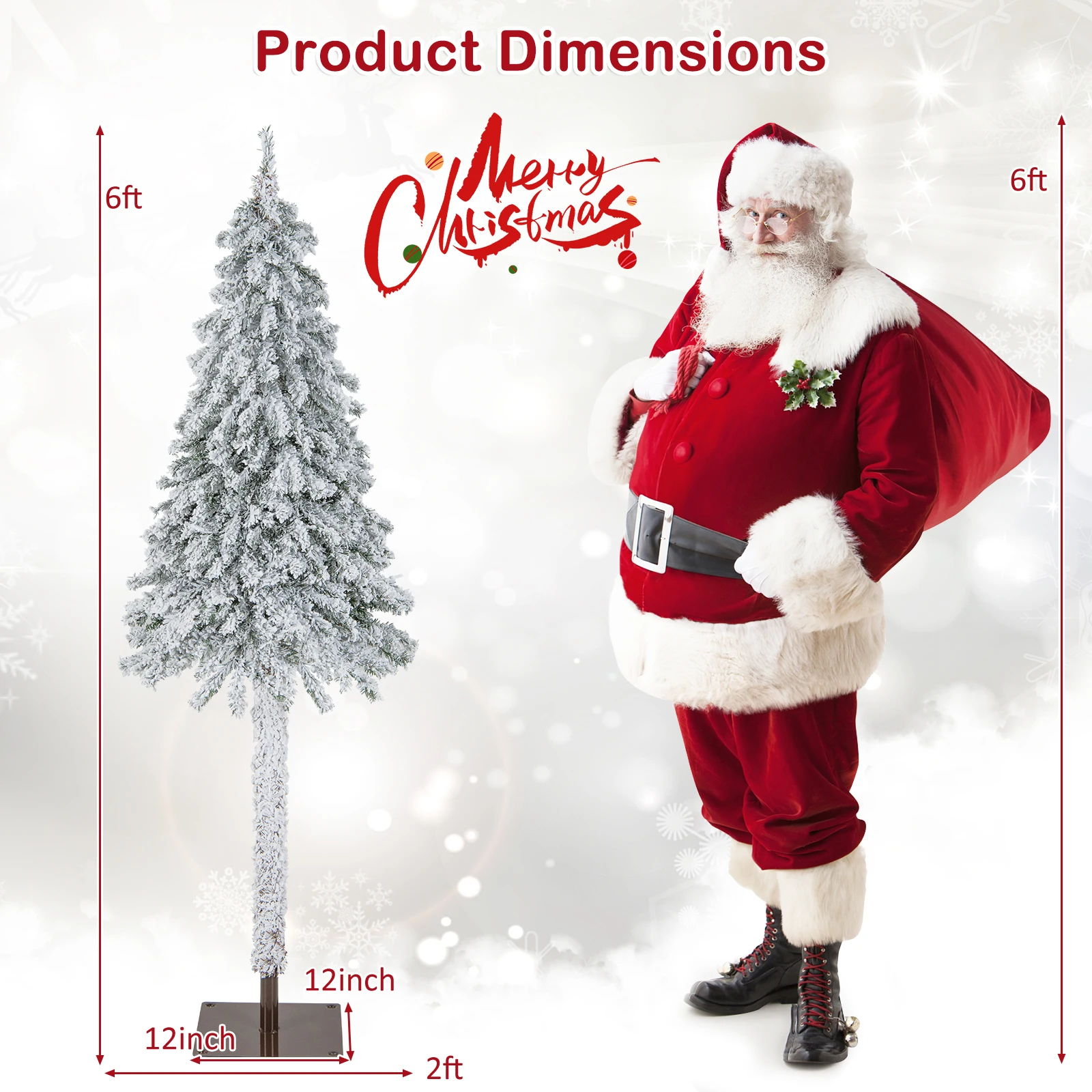 6 FT Pre-Lit Slim Pencil Christmas Tree Snow Flocked Xmas Décor w/ 175 Lights