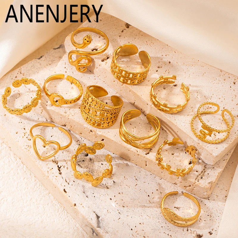 ANENJERY 316L Stainless Steel Snake Flower Multi layer Open Ring for Women Men Simple Special Jewelry Gifts Wholesale