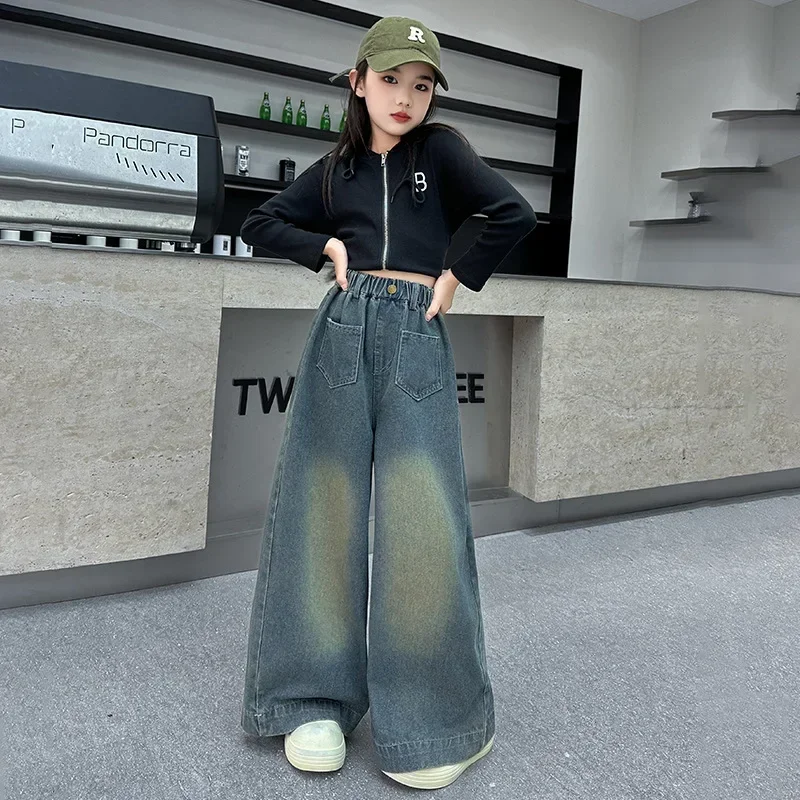 Girls Jeans Children\'s Clothing Spring Autumn Teenager Kids Denim Pants 8 10 12 13 14 Years Wide-leg Trousers School Girls Jeans