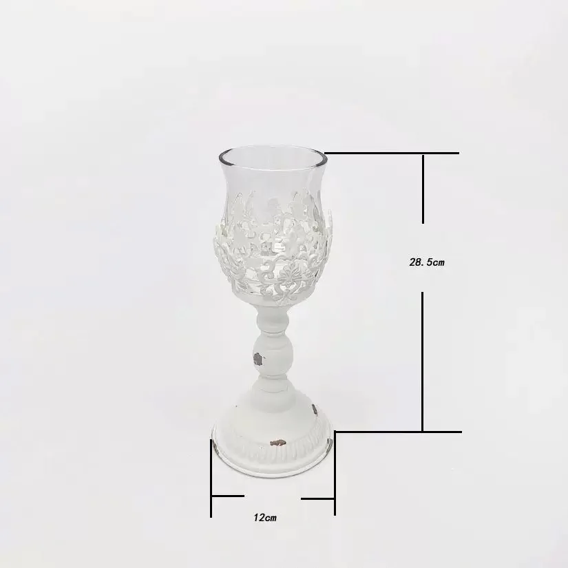 

Vintage European Style Candle Holder with Glass Hurricane, White Distressed Metal Pedestal Candlestick with Ornate Floral Design