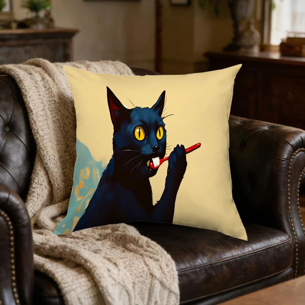 Cartoon Black Cat Brushing Teeth Yellow Pillowcase Soft Sofa Bedroom Home Decor
