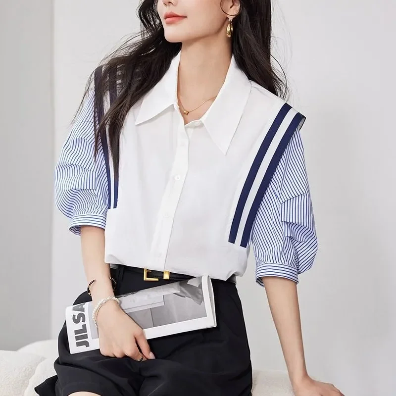 

French Contrast Striped Shirt Women 2025 Short-Sleeved New Coat Slim Temperament Jacket Ladies Fashion Shirts Loose Top Female