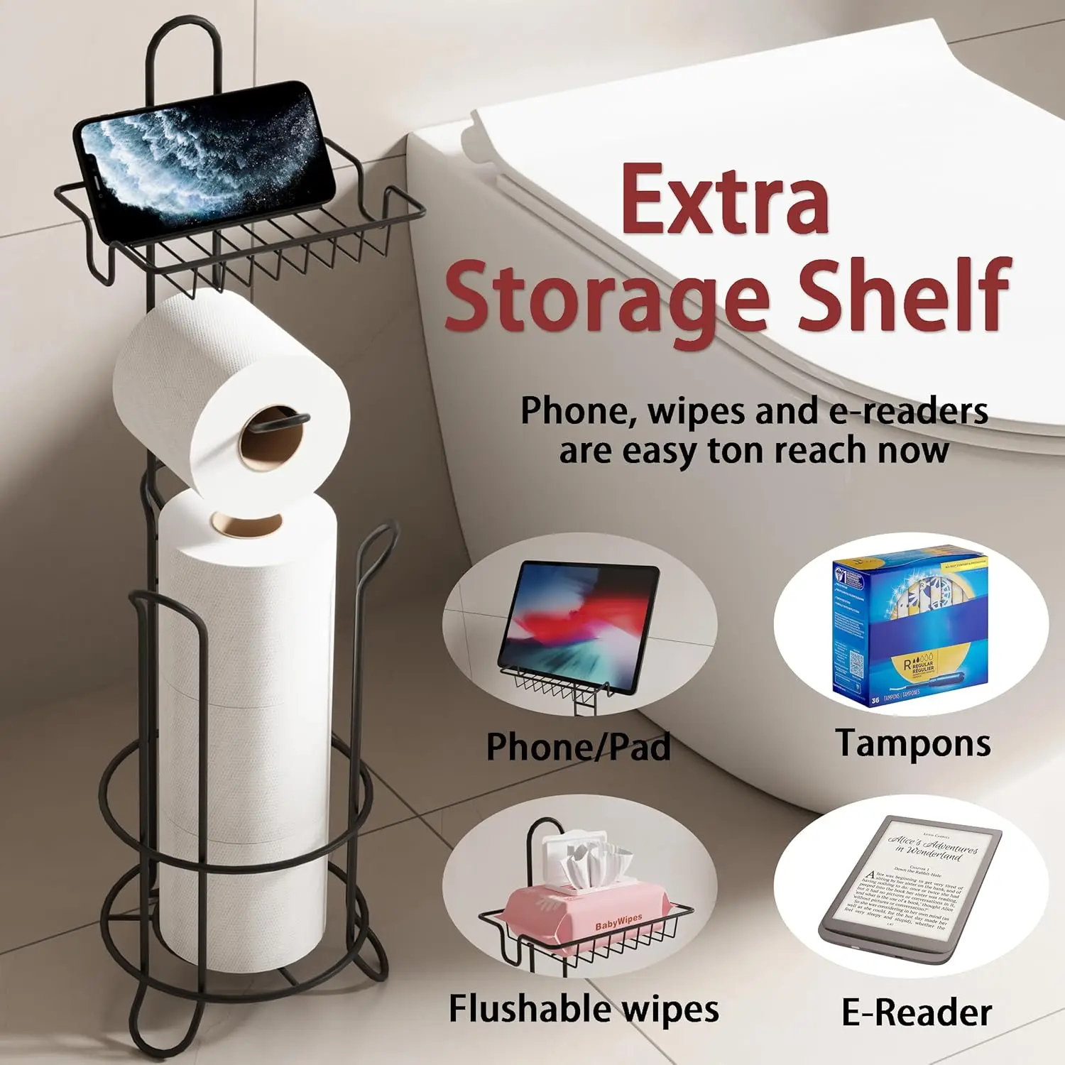 Toilet Paper Holder Stand Bathroom Toilet Paper Storage with Raised Base, Tissue Paper Roll Dispenser with Top Shelf