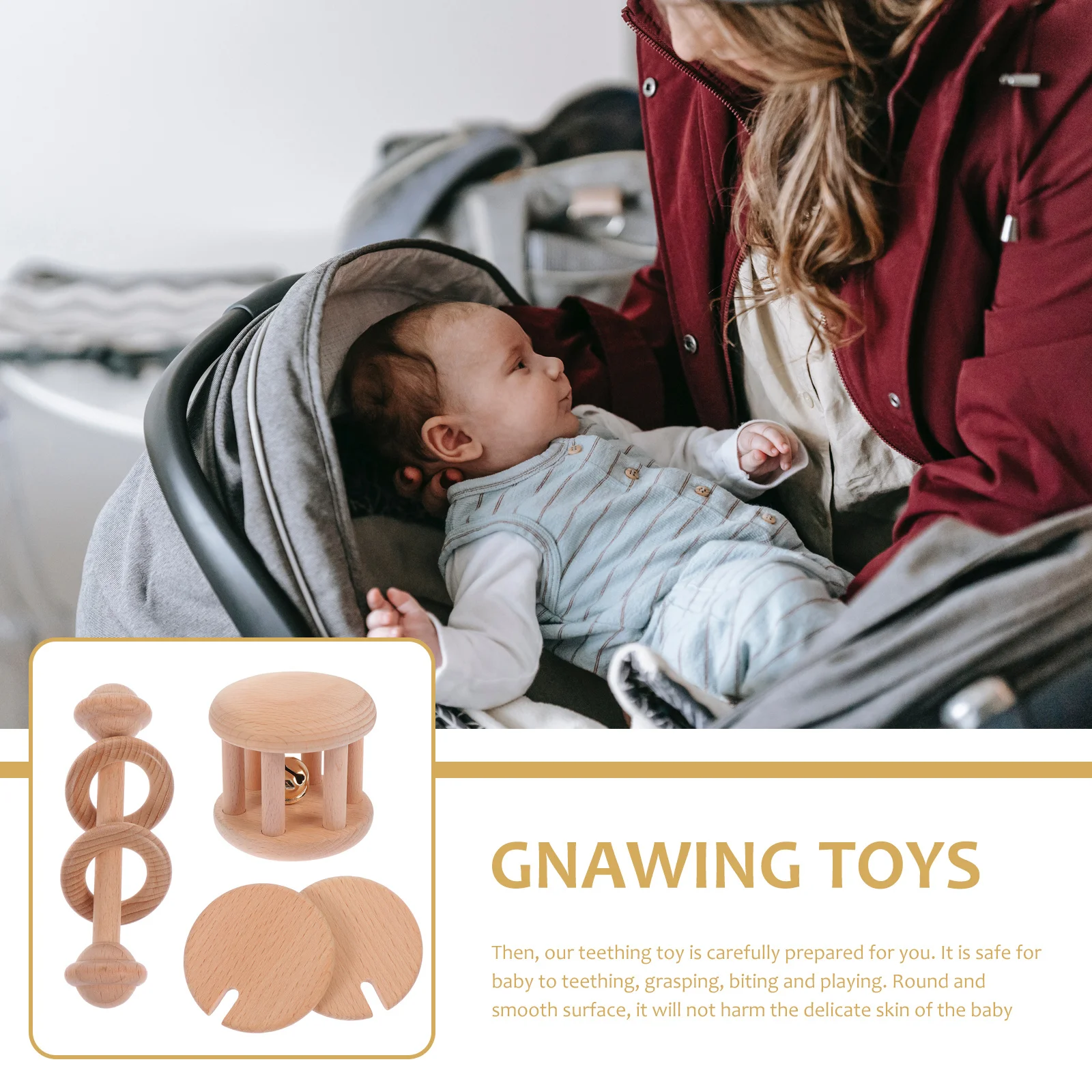 3 قطعة الطفل الإبداعية خشبية المولي استيعاب مضغ عضاضة آمنة السلس تصميم دائري لتنسيق اليد العين المهارات الحركية الأسنان #1