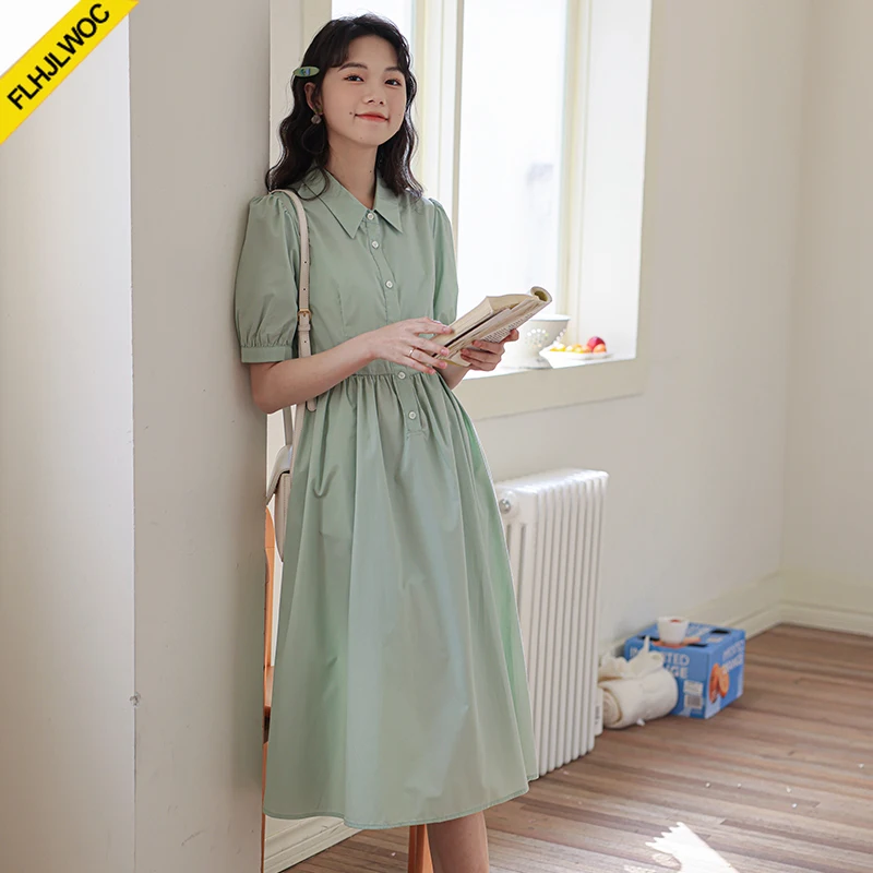 Katoenen overhemdjurken Nieuw ontwerp 2025, zomer, korte mouw, schattig, zoet, Japanse meisjes, preppy stijl, retro vintage groene jurk