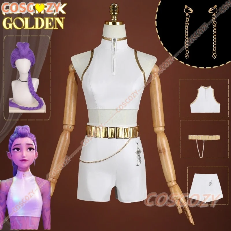 

KPop Rumi Demon Hunters Cosplay Costume White Stage Uniform Huntrix Golden Outfit Earrings Belt Halloween Party Women Girls Suit
