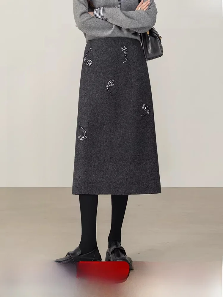 

Woolen Skirt Women's Commuter Sle Winter 2025 New Warm H-Line Straight Cut Skirt Sun-Woven Fabric Mid-Waist Design