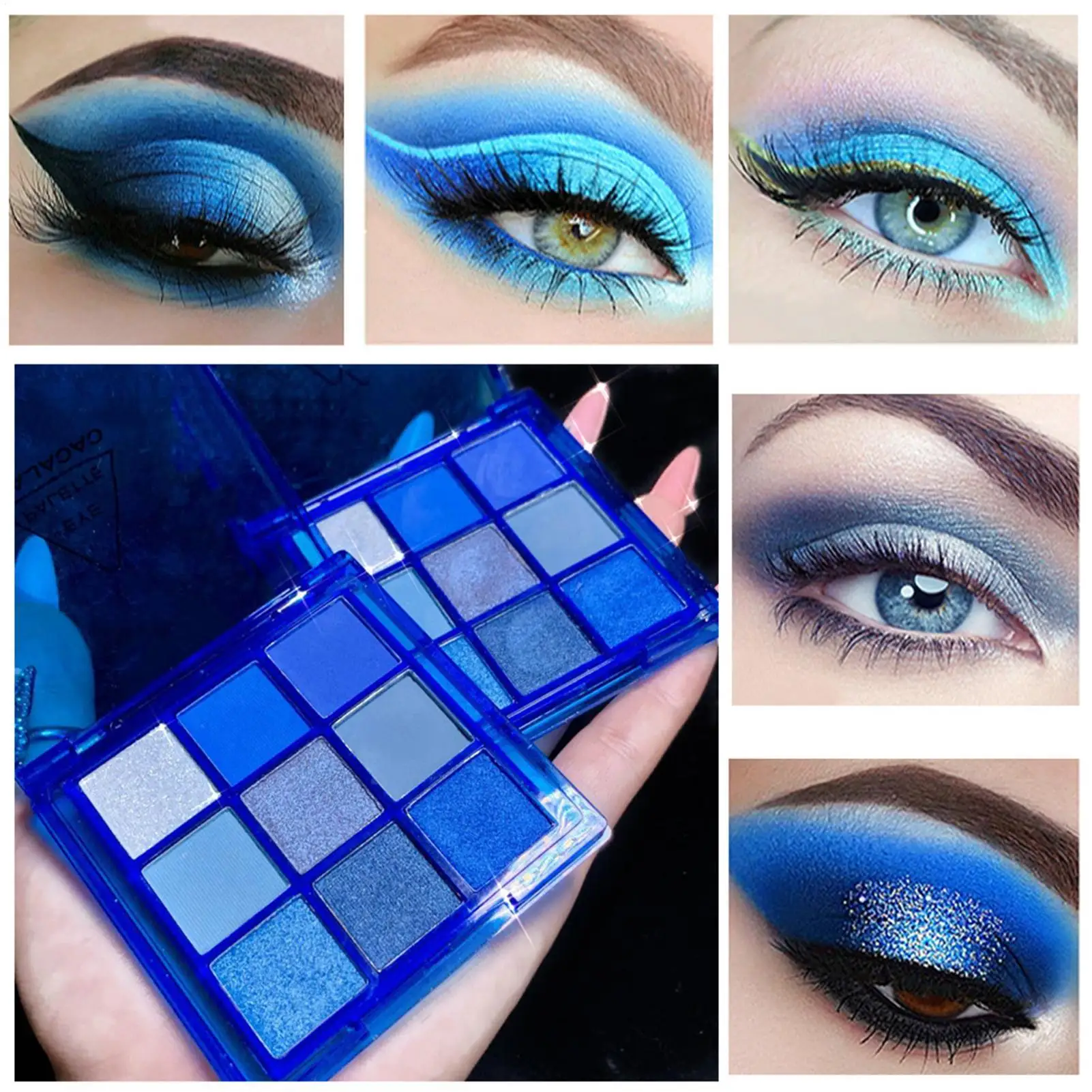 Paleta de sombras azuis, 9 cores, à prova d'água, suor, azul, fosco, pérola, glitter, acabamento, performance, palco, maquiagem, festival de música