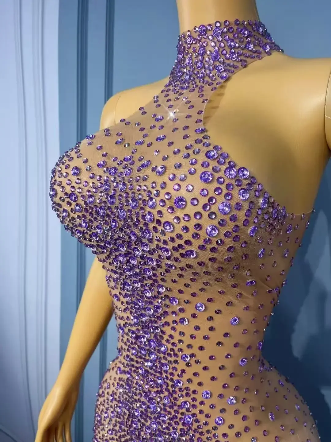 Seksowna Przezroczysta Sukienka z Siateczki na Wieczór, Wesele, Bal, Urodziny, Sesję Zdjęciową, z Błyszczącymi Dżetami, Długa