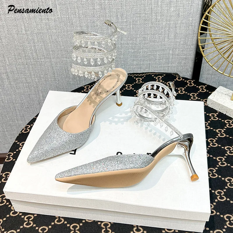 

Модные женские туфли-лодочки с блестками и кристаллами и кисточками, пикантные сандалии на тонком высоком каблуке со змеиной спинкой, летние туфли для выпускного вечера