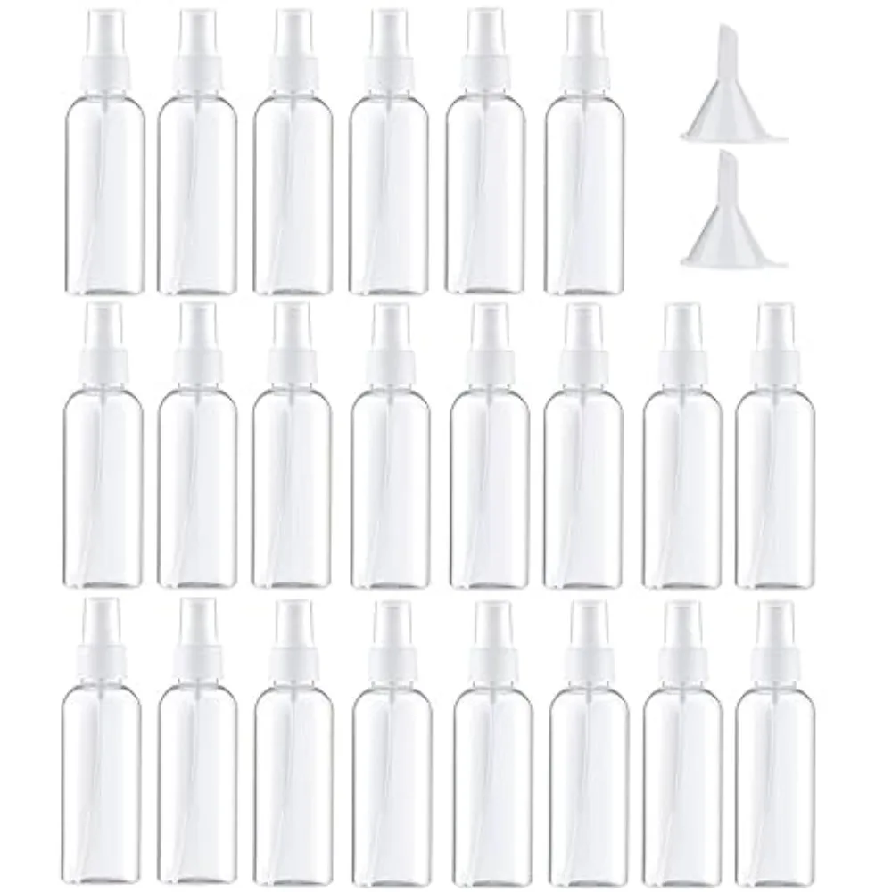 50 Uds. Botella vacía con pulverizador de plástico de 10-100ML, contenedor de líquidos rellenable, limpieza de viaje, maquillaje, botella con pulverizador de niebla fina con embudos