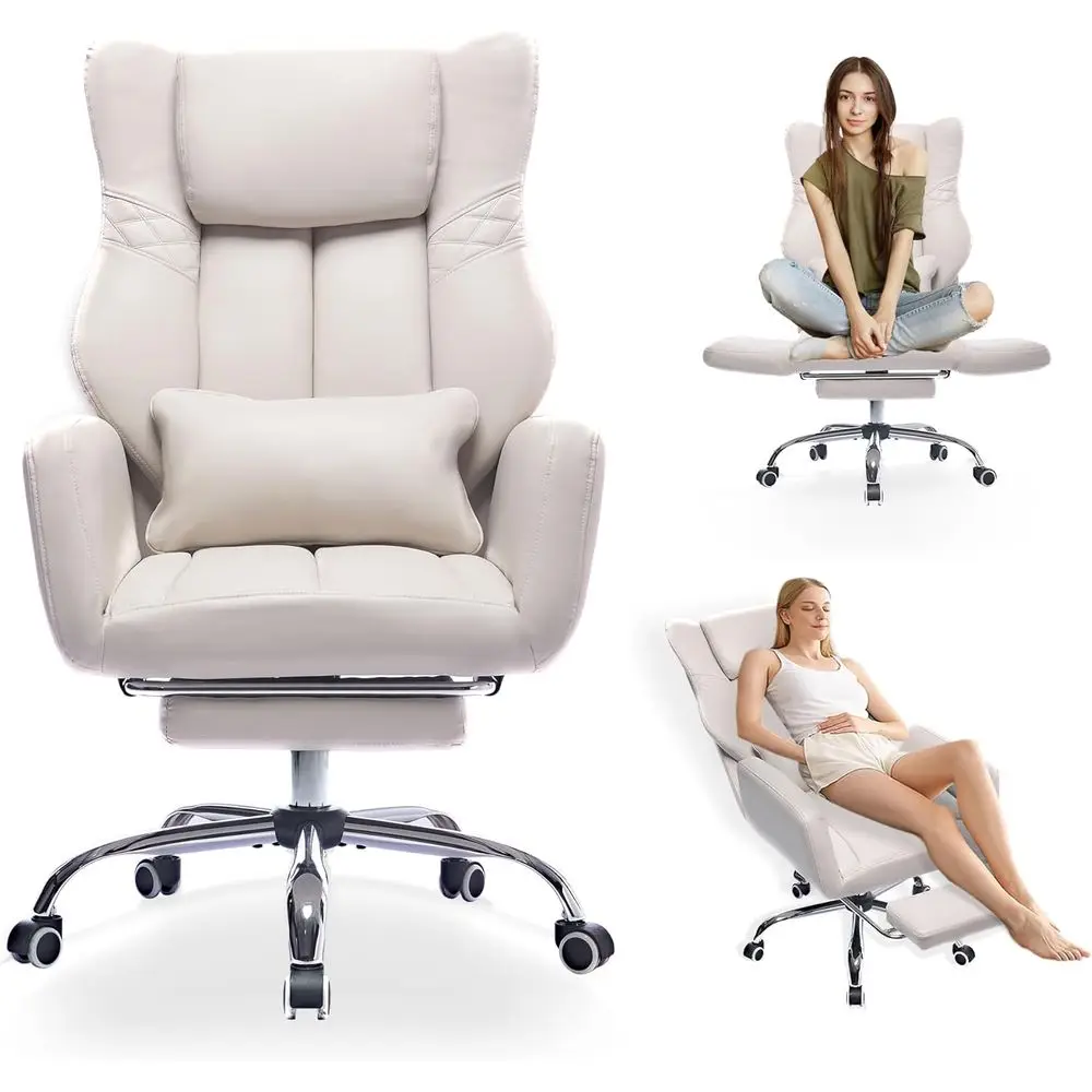 Ergonomic High-Back Swivel Chair with Footrest, Reclining 155° Desk Chair for Home Office, Beige