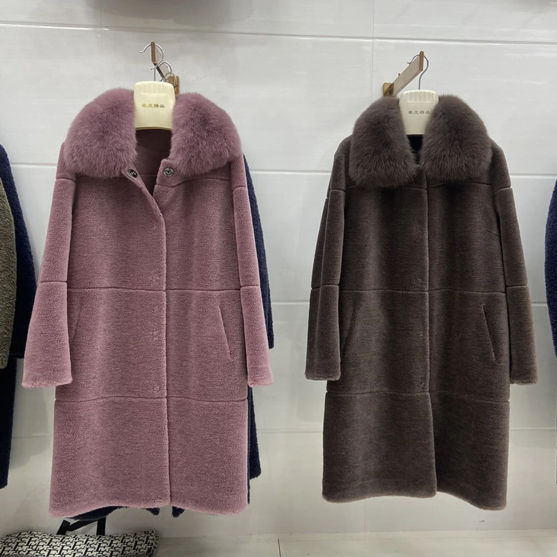 Women Winter 100% Woolen Chocolate Long Jacket Coat Real Fox Fur Collar Long Sheep Fur Winter Warm Outerwear