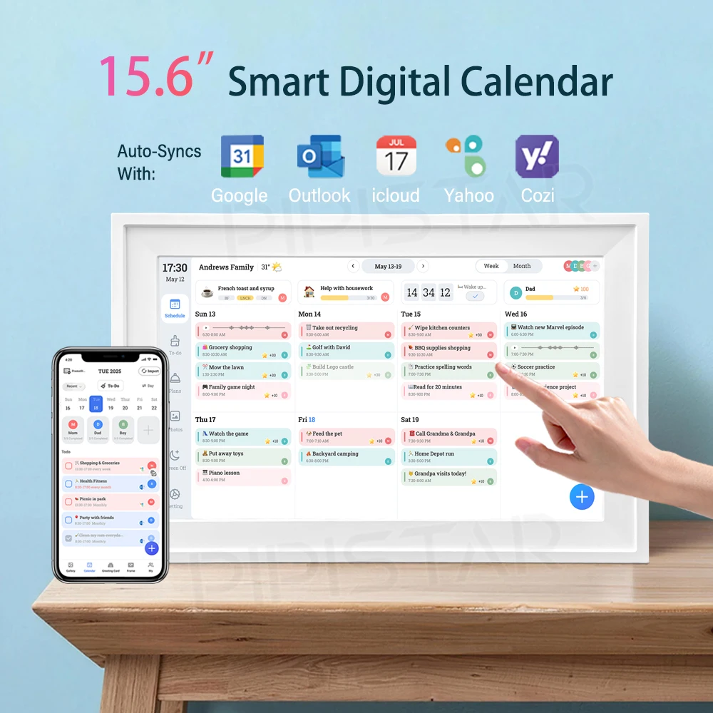 Calendario familiare digitale WiFi da 15,6 pollici Smart Touchscreen Grafico dei lavori domestici Calendario digitale da tavolo montabile
