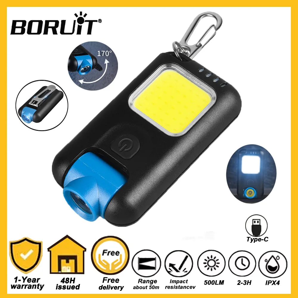 

Фонарь-брелок BORUiT Mini EDC, перезаряжаемый через Type-C, портативный рабочий фонарь, фонарь для кепки, фонарь для рыбалки и кемпинга, головной фонарь COB