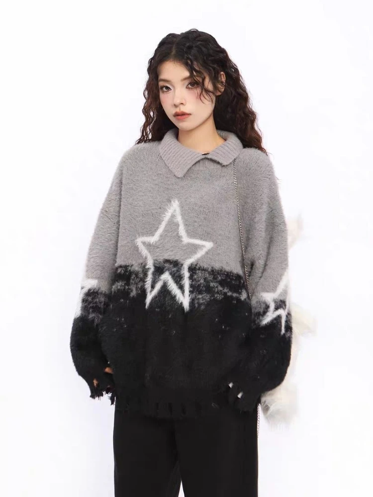 

American sweet/cute style imitation mink fur star print women sweater autumn and winter loose and thick Polo collar knitted top