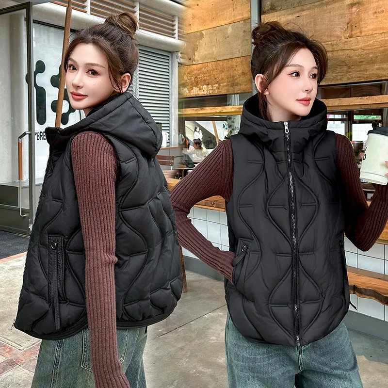 

Women's down Cotton Vest Autumn Winter New 2025 Outdoor Wear Bla Hooded ort Coat Thiened Polyester Fiber Commute Sle